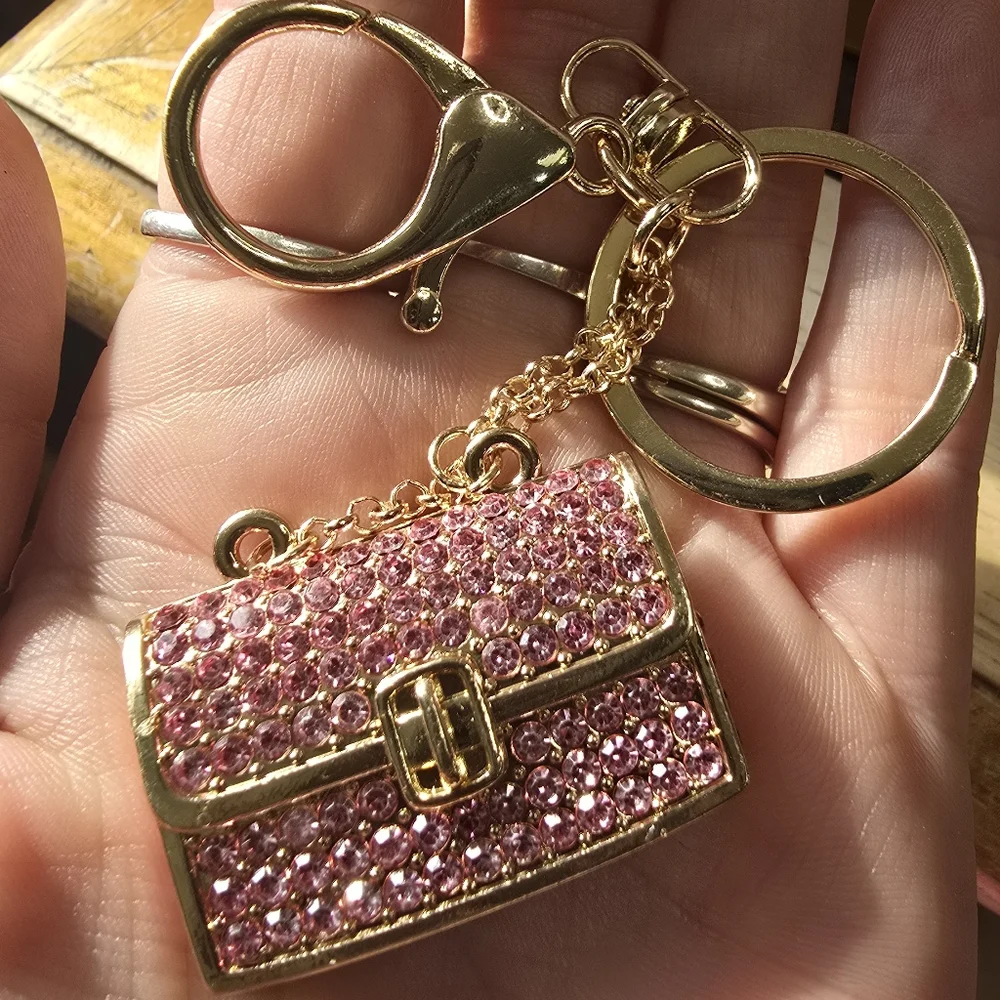 Gold and Pink Rhinestone Purse Keychain